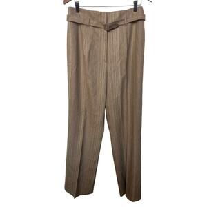 Zanella Wool Pinstripe Belted Straight Leg Trouser Pants Made in Italy Tan Sz 8/